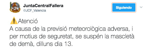 Tuit de la Junta Central Fallera, lanzado la noche del domingo.