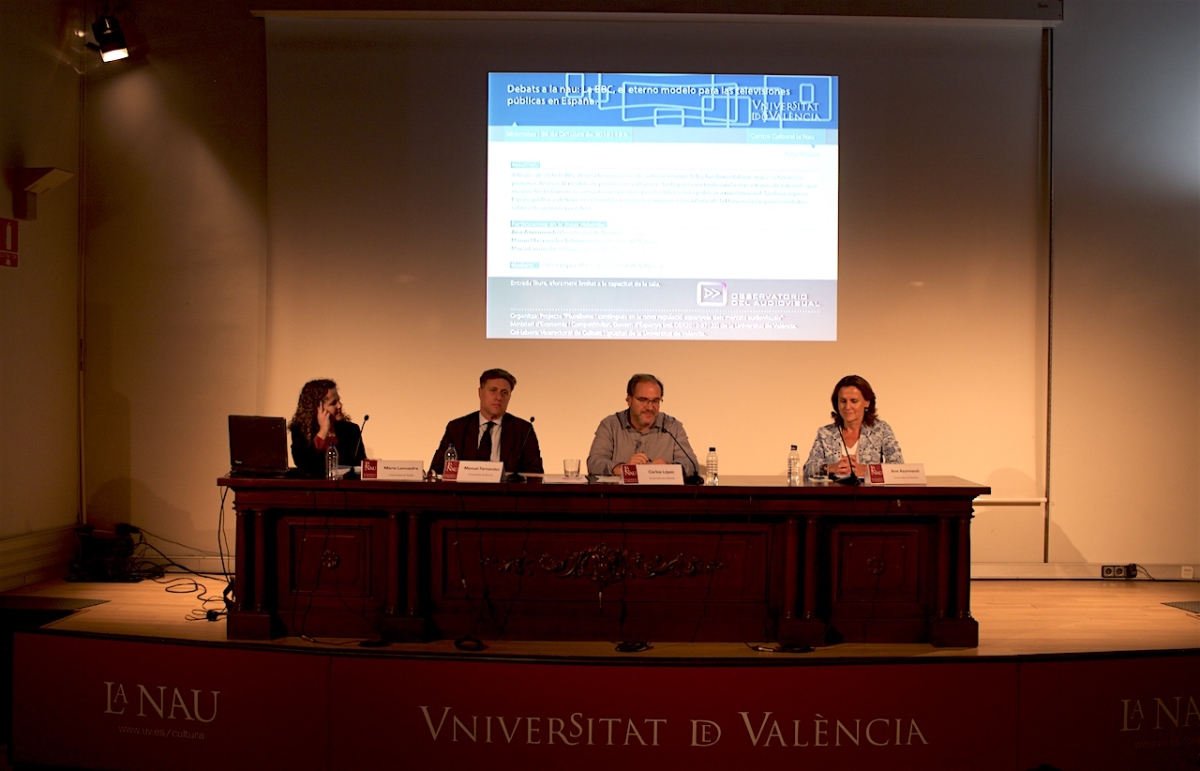 Los ponentes de la mesa promovida por el 'Observatorio del audiovisual'. De izquierda a derecha, Lamuedra, Fernández Salmerón, López Olano y Azurmendi