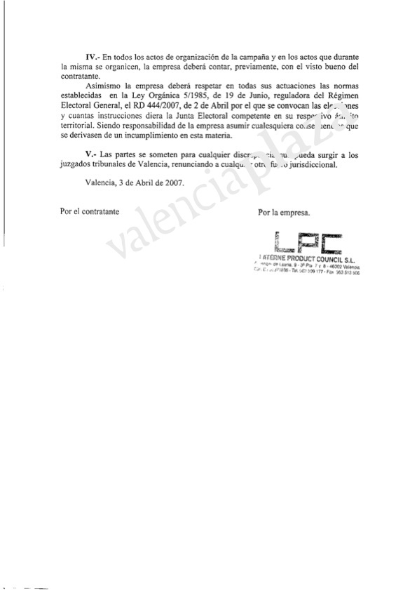 Texto del contrato entre Laterne y el Grupo Popular de Valencia. VP