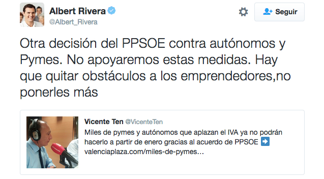 Tuit de Albert Rivera, este martes.