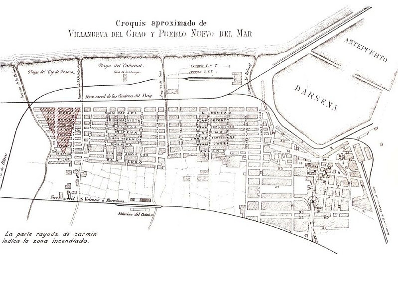Plànol del Poble Nou de la Mar i la Vila-nova del Grau en 1875. D’esquerra a dreta: el Cap de França entre les séquies de la Cadena i dels Àngels; el Cabanyal, fins la d’en Gasch; el Canyamelar fins el Riuet i el “paseo Colón"; després el Grau.
