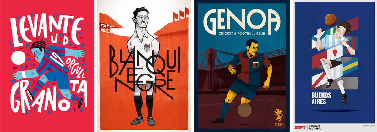 Gráfica para el Levante UD, proyecto personal sobre el Valencia CF, serie del Calcio y cartel para ESPN sobre capitales del fútbol, todo obra de Lawerta