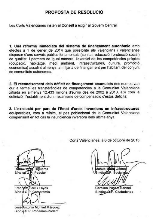 Propuesta de resolución de octubre de 2015 firmada por los síndics de los cinco grupos