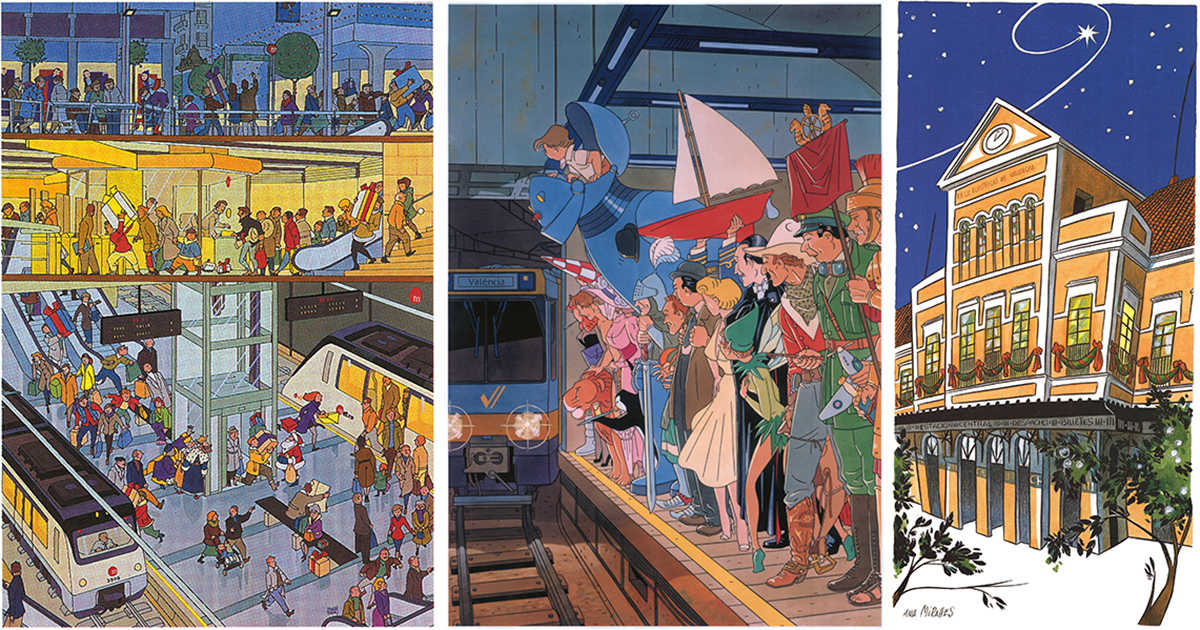 Izqda y centro: Ilustraciones de Daniel Torres para la campaña ‘El Metro t’acosta a Nadal’ y para el 5º aniversario de FGV. Dcha: Obra de Ana Miralles para la conmemoración del centenario de la estación de Pont de Fusta en 1992