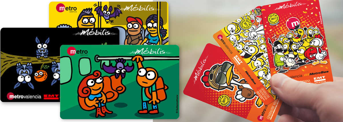 A la izquierda algunas de las primeras tarjetas Móbilis ilustradas por Kukuxumusu en 2009. A la derecha la aplicación de Socarrat al soporte de chip en 2012