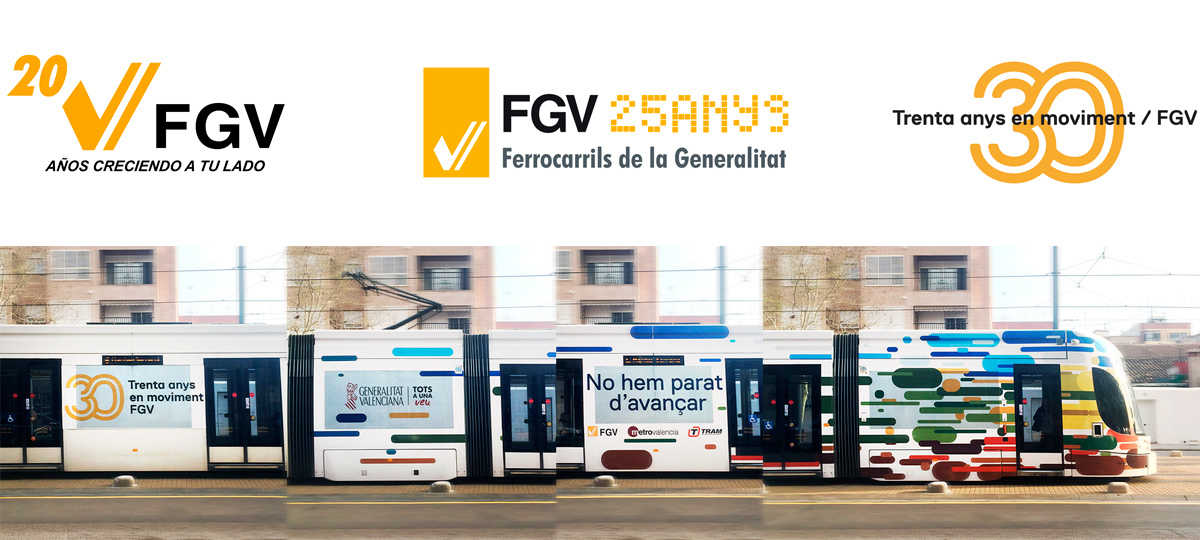 Logos del 20, 25 y 30 aniversario de FGV. Abajo: Rotulación de tranvía realizada por Estudio Menta en 2017 como una de las aplicaciones conmemorativas del 30º aniversario de la entidad