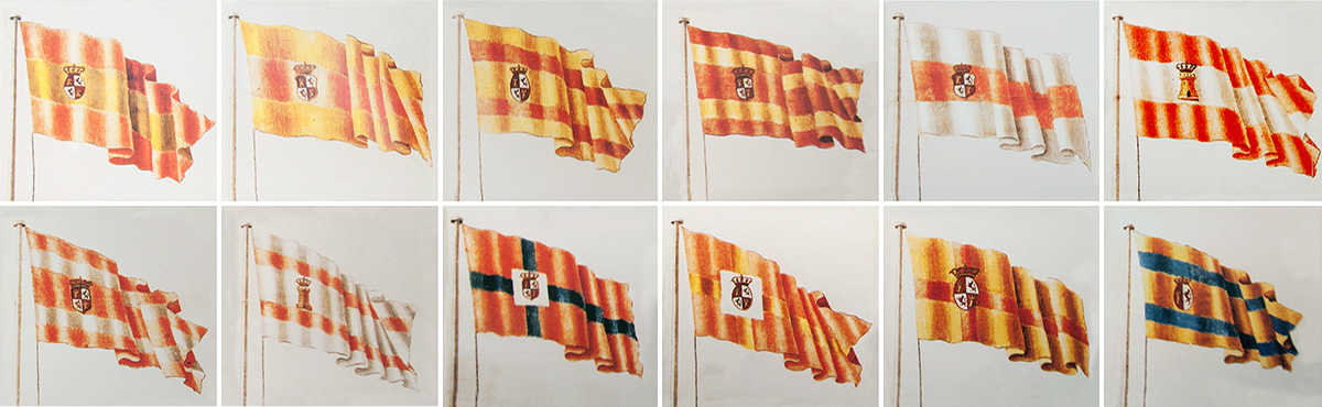 Docena de bocetos que le fueron presentados a Carlos III para escoger bandera. Foto: MUSEO NAVAL