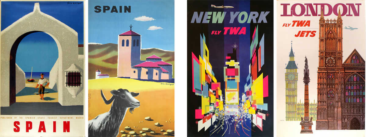 Algunos carteles turísticos de Guy Georget y de David Klein para publicitar productos de compañías aéreas a mediados del XX.
