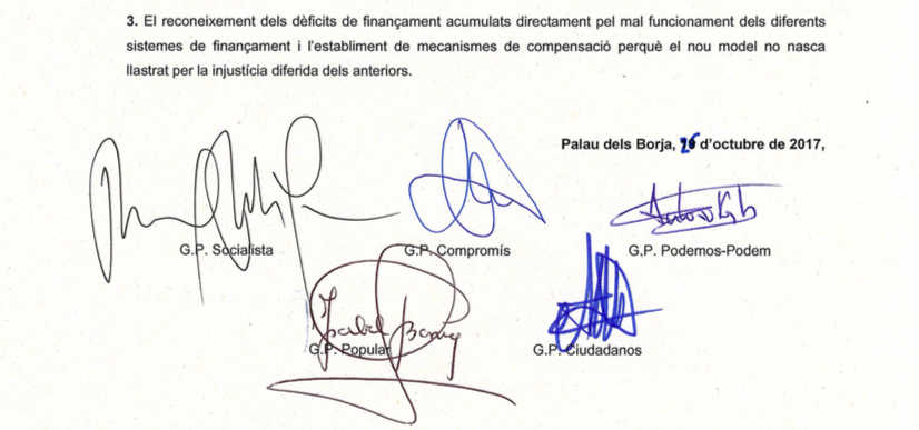 Punto de la Declaración firmada por los grupos de Les Corts el 26 de octubre. VP