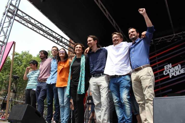 Oltra junto a Ada Colau, Pablo Iglesias, Xavier Domènech y Alberto Garzón en la campaña de las generales