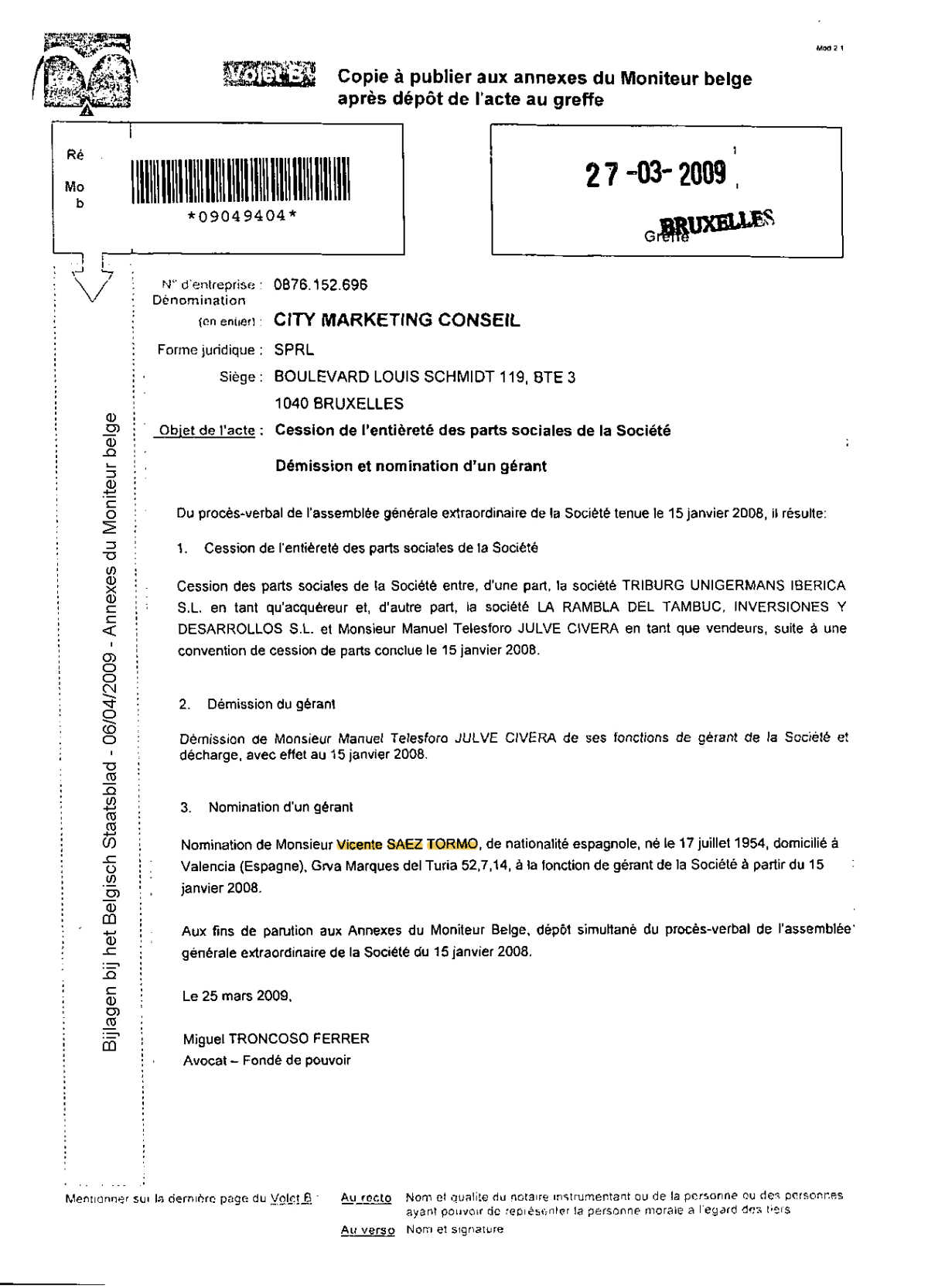 Documento que acredita que Sáez Tormo era dueño de la empresa belga.