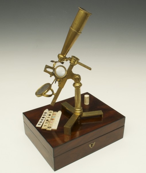 Microscopio londinense de principios del siglo XIX con la caja original y preparaciones