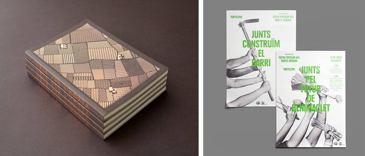 Publicación Veus per l’Horta (izquierda) y serie de carteles para los Huertos Urbanos de Benimaclet (derecha), diseños de Estudio Menta.