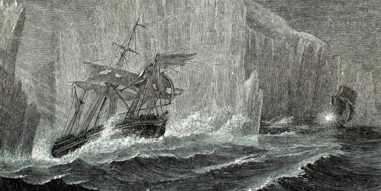 'El Erebus y el Terror entre icebergs' (1874). Ilustración de Georg Hartwig en 'The Polar World'