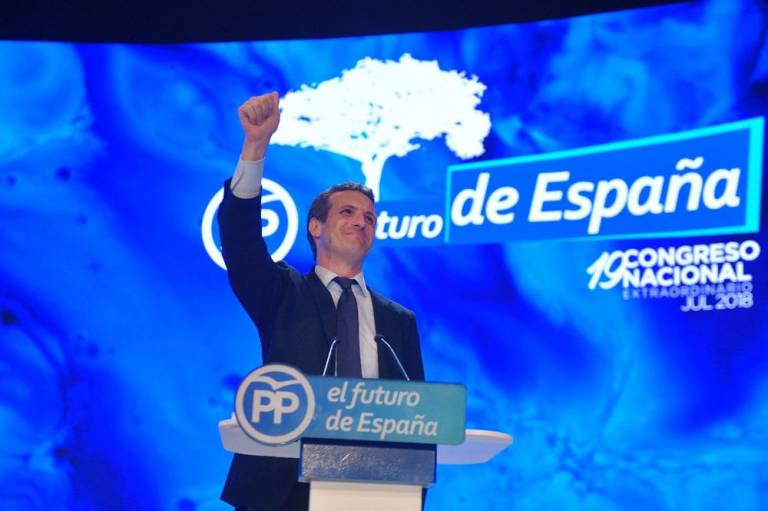 Imagen de Pablo Casado durante el discurso como candidato a presidir el PP