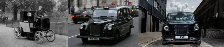 De izquierda a derecha: Uno de los primeros taxis a motor eléctrico de Londres, un modelo actual (foto de Jimmy Barrett) y el  prototipo del LEVC TX conocido previamente como TX5.
