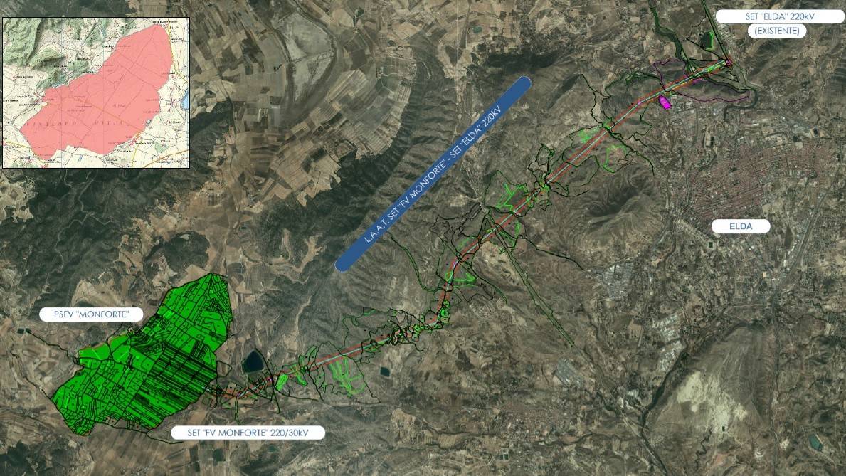 Mapa de la zona afectada por la instalación y del tendido hasta Elda. Foto: TAUW