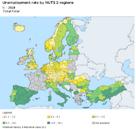 Figura 2. Taxes d’atur 2018 per regions europees (NUTS2). Font: EUROSTAT