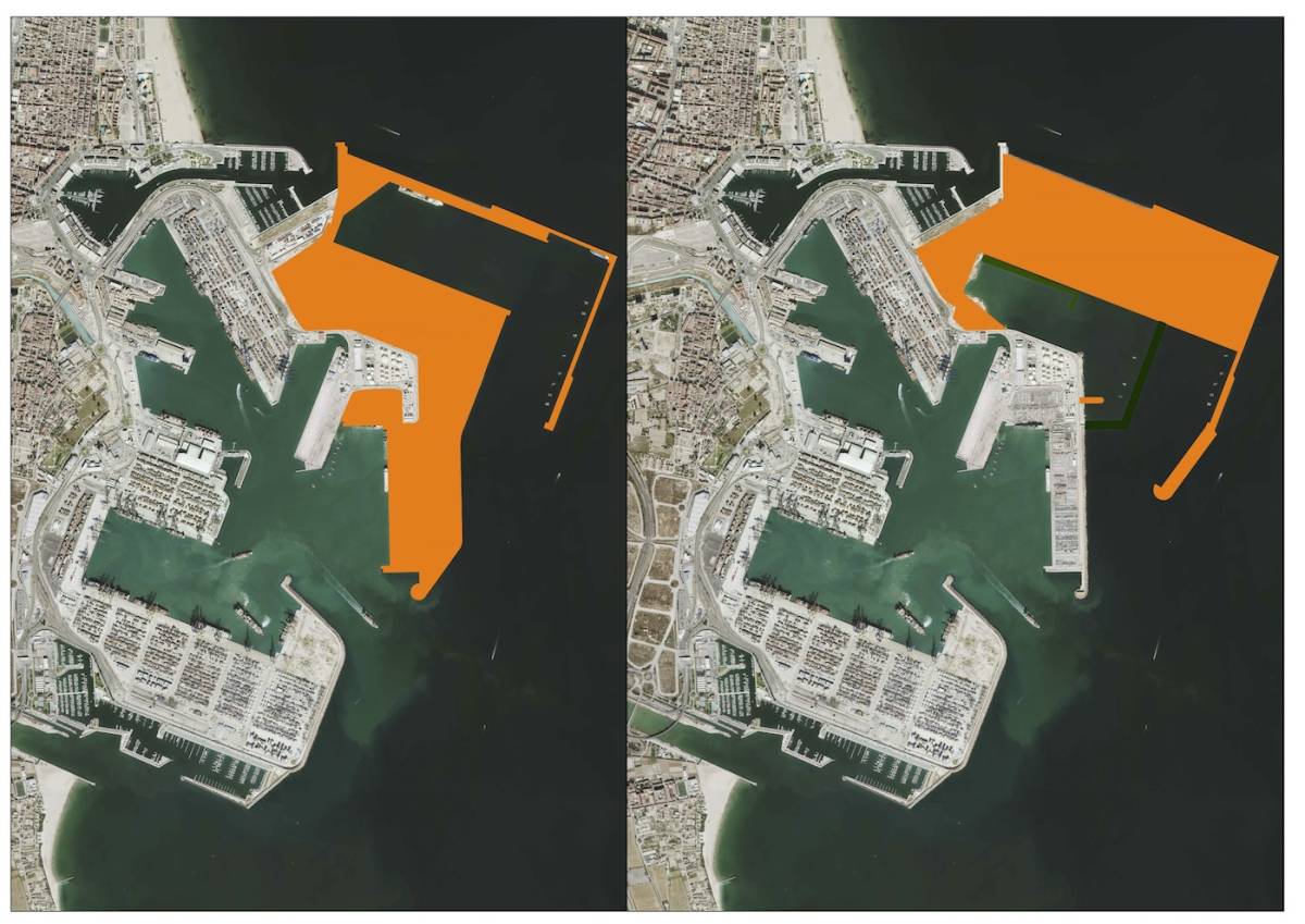Proyecto original de ampliación (a la izquierda) y ejecución definitiva, con cambios en los diques y la ubicación del muelle