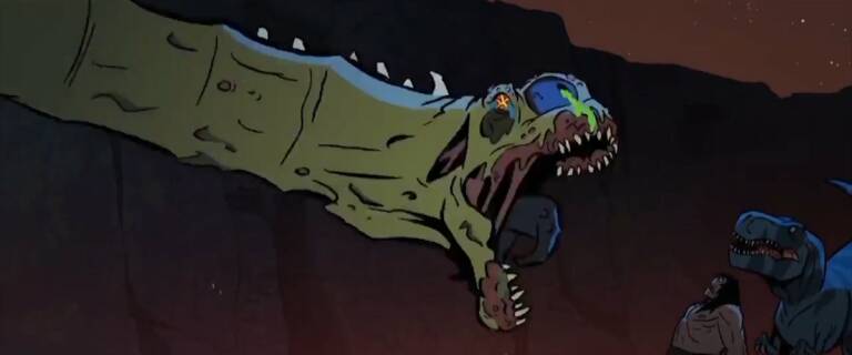 Spear y Fang son atacados por un Diplodocus zombi