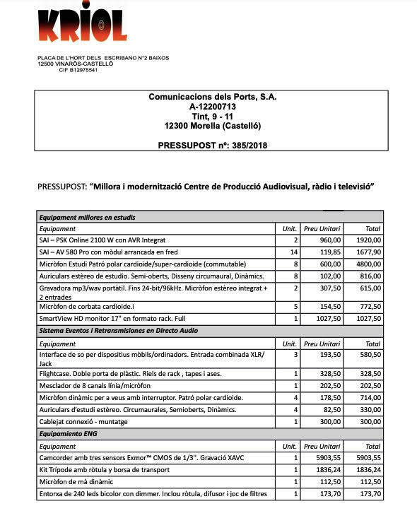 Una de las facturas de Kriol presentadas por Comunicacions del Ports