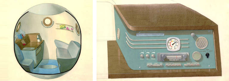 Diseño original de Balashova para el interior de la cápsula Soyuz de 1963 (izquierda) y detalle de un panel de mandos también de la Soyuz de 1964 (derecha).