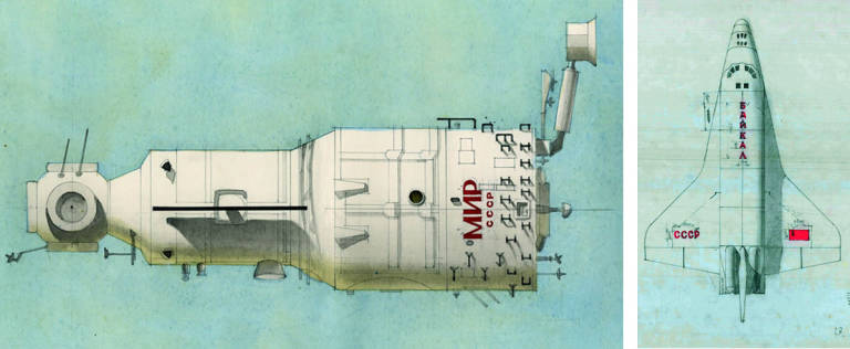 Bocetos a acuarela de 1980 de la estación espacial Mir (izquierda) y aplicación tipográfica y de rotulación de 1974 del transbordador Buran (derecha).
