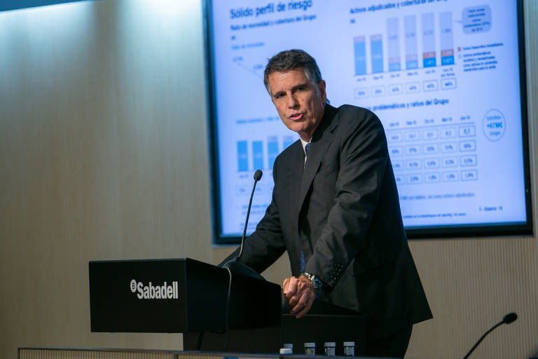 Jaime Guardiola, CEO del Sabadell, en una presentación de resultados. Foto: BSAB