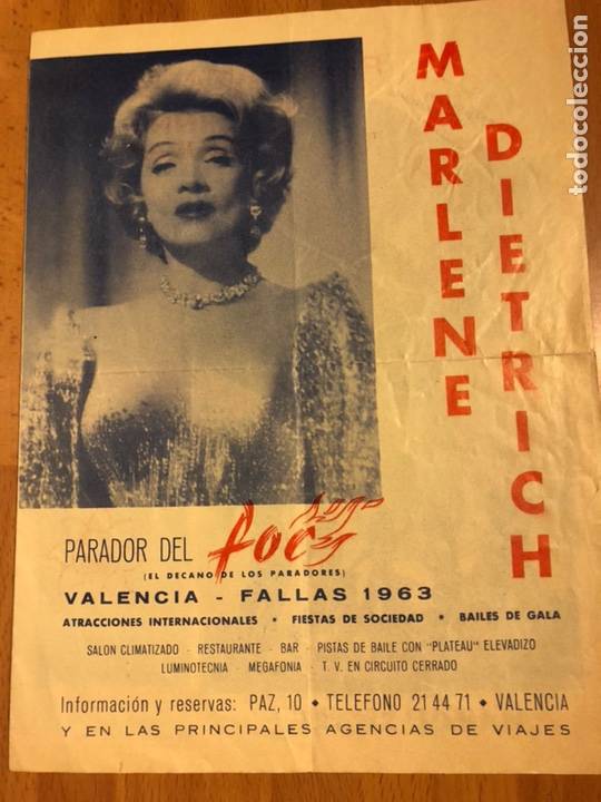 Programa del Parador del Foc on s’anuncia l’actuació de Marlene Dietrich l’any 1963
