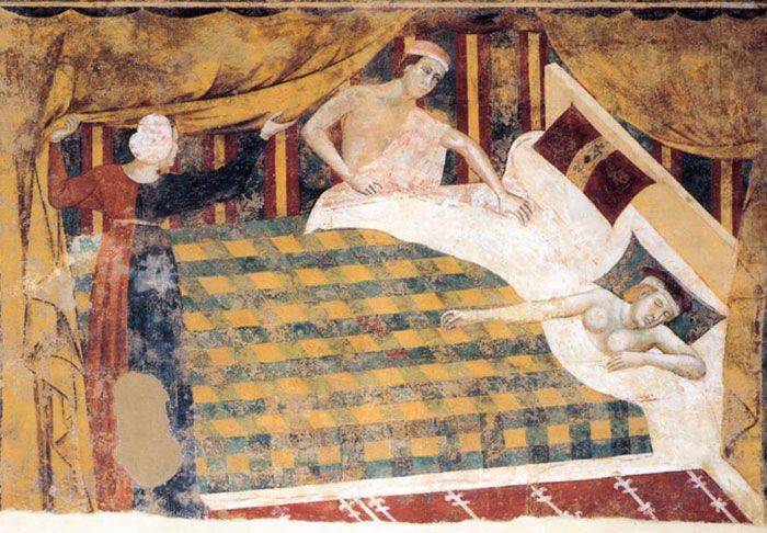 Representació d'una parella en el llit en el segle XIV_Frescos del palau del podestà de San Gimignano.