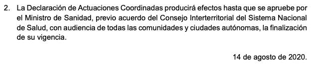 Punto 2 del acuerdo que declarada como "actuaciones coordinadas" las últimas medidas contra la Covid-19
