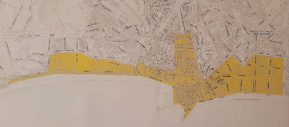 Mapa de Benidorm, la zona amarilla será la que quede restringida al tráfico.