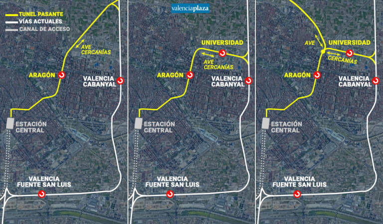 Las tres alternativas para el túnel pasante de València. Foto: VP