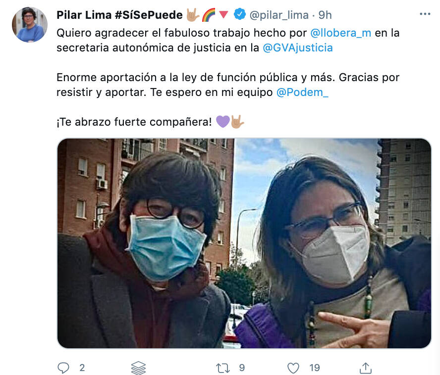 Pilar Lima y Mireia Llobera. Tuit de Lima. Foto: VP