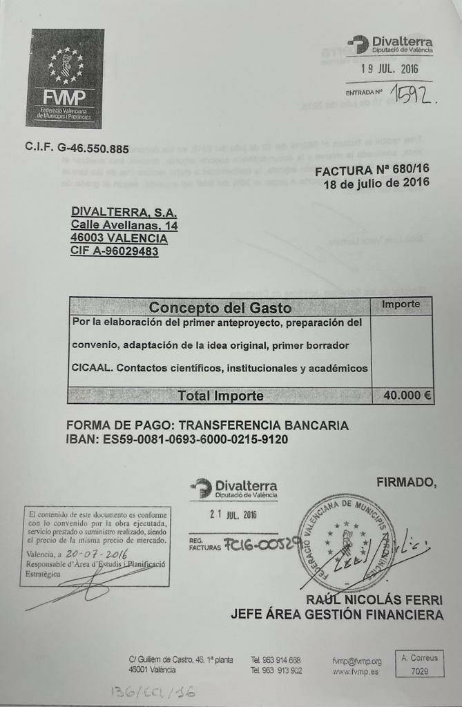 La factura remitida por la FVMP, que llegó al registro de entrada de Divalterra el 19 de julio.