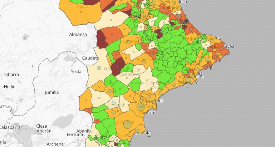 Incidencia en la provincia de Alicante. Los colores más oscuros indican más incidencia. Foto: Institut Cartogràfic Valencià