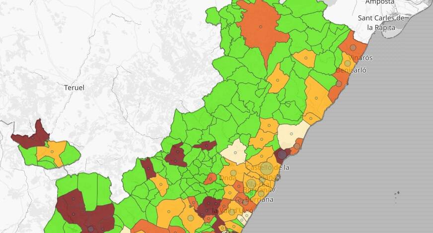 Incidencia en la provincia de Castellón. Los colores más oscuros indican más incidencia. Foto: Institut Cartogràfic Valencià