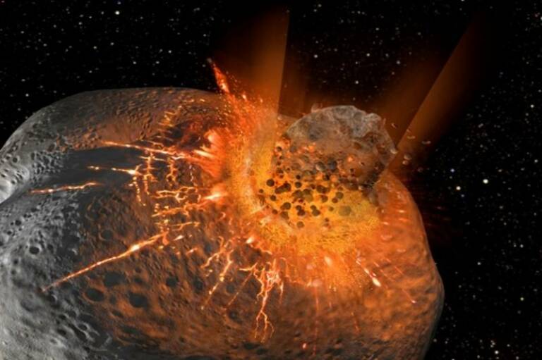 F3 / Un gran impacte pot haver sigut l’origen de la desintegració catastròfica d’un asteroide carbonaci del qual van poder sorgir fragments evolucionant de manera distingible i generant les condrites CV i CK. Imatge cortesia de Don Dixon/Investigaciónyciencia