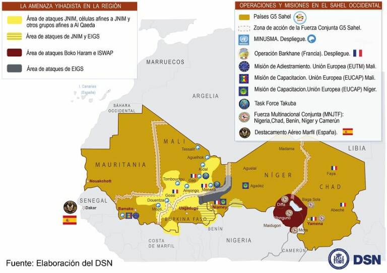Amenaza yihadista y despliegue internacional actual en el Sahel Occidental. Foto: Elaboración del DSN