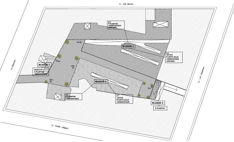Plano del hotel donde se observa cómo parte del 'Bloque 2' tapa alguna azotea de la calle San Bruno