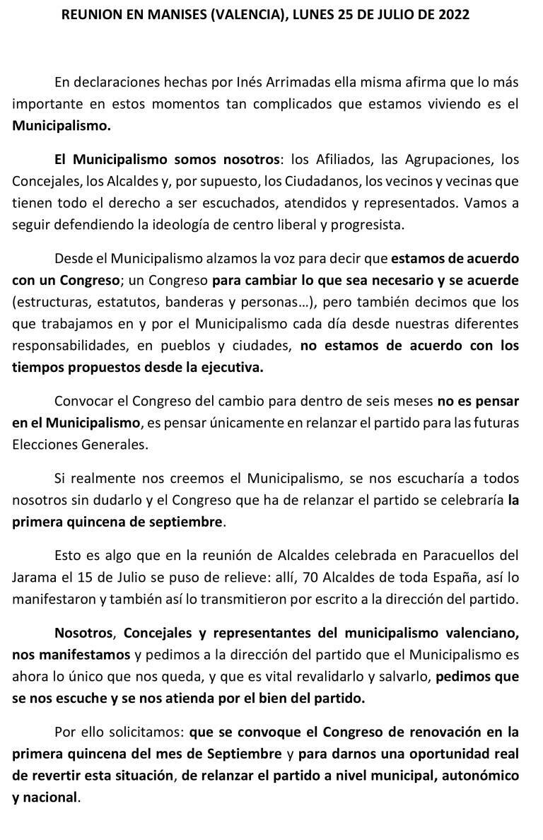 Manifiesto suscrito por 41 concejales de Ciudadanos en la provincia de Valencia