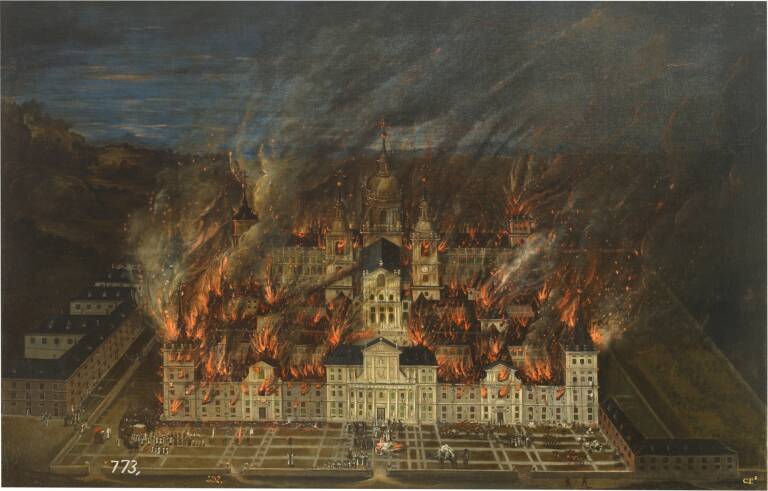 Incendio del Escorial en 1671 en una obra anónima del siglo XVII