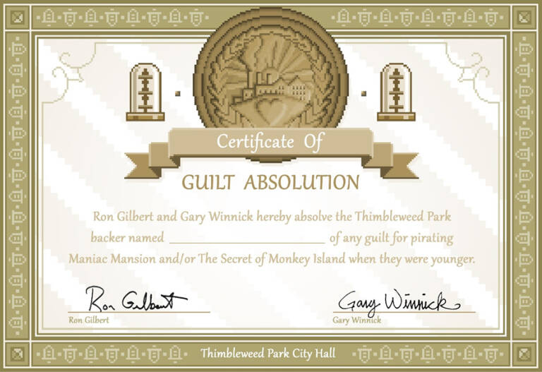 Certificado de absolución de culpabilidad por piratear Maniac Mansion y The Secret of Monkey Island.