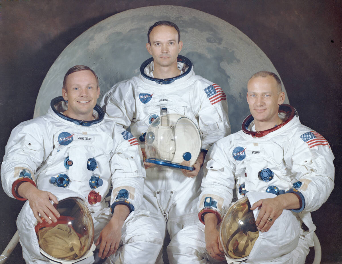 Imagen cedida por CaixaForum en la que se muestra de izquierda a derecha a Neil Armstrong, Edwin Aldrin y Michael Collins