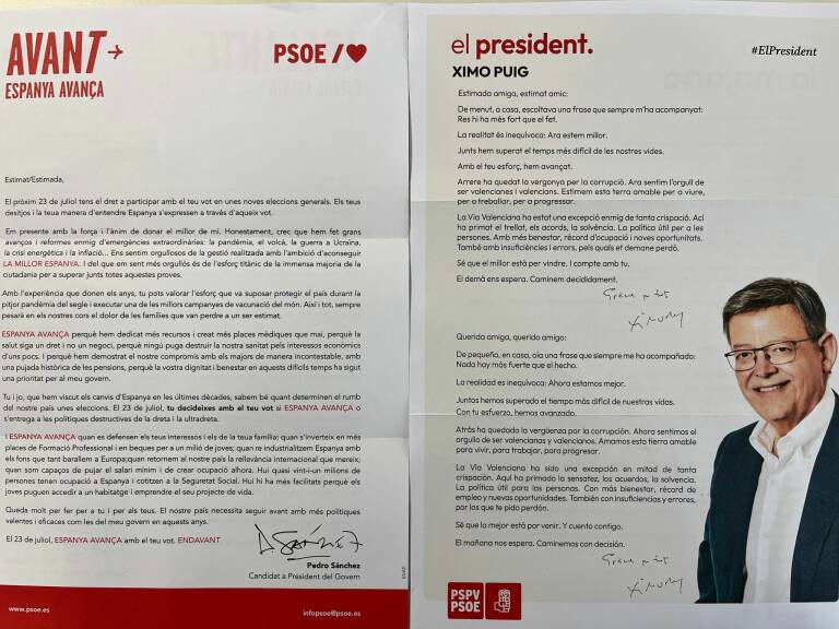 Carta del 23J (izq.) y del 28M (der.) del PSOE. Para las generales se enfatiza el color rojo, se elimina el rostro del principal candidato, pero se mantiene la firma. Foto: VP