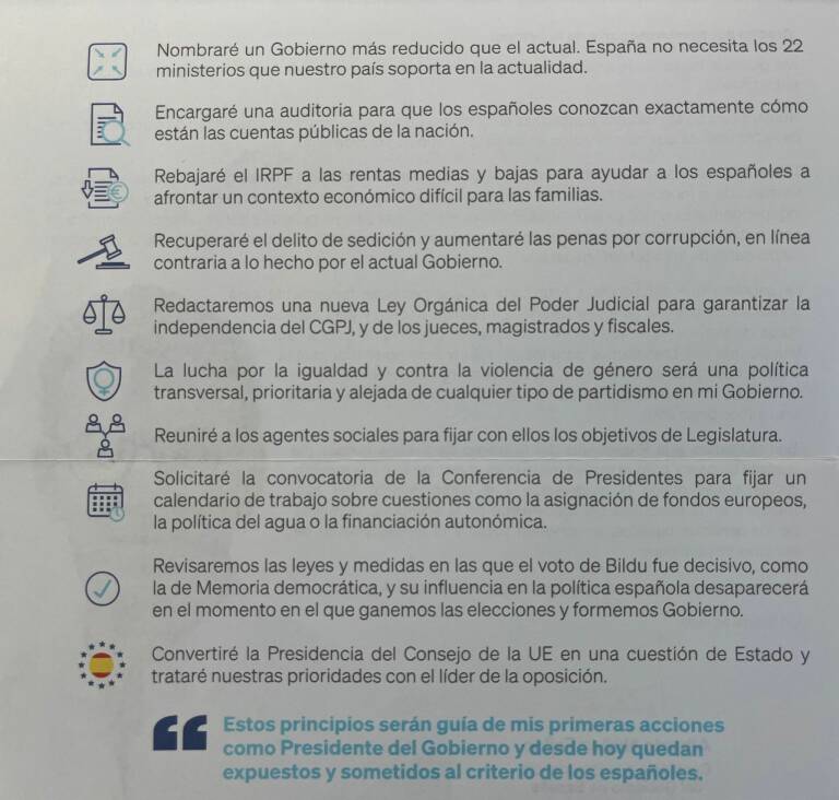 Las diez principales medidas programáticas que presenta el PP en su carta electoral. Foto: VP