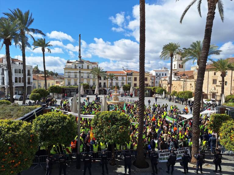 Manifestación de agricultores y ganaderos este jueves en la Plaza de España de Mérida. Foto: EUROPA PRESS
