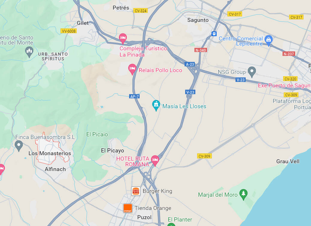 Distancia entre la urbanización Los Monasterios y los municipios de Sagunt y Puçol. Foto: Google Maps