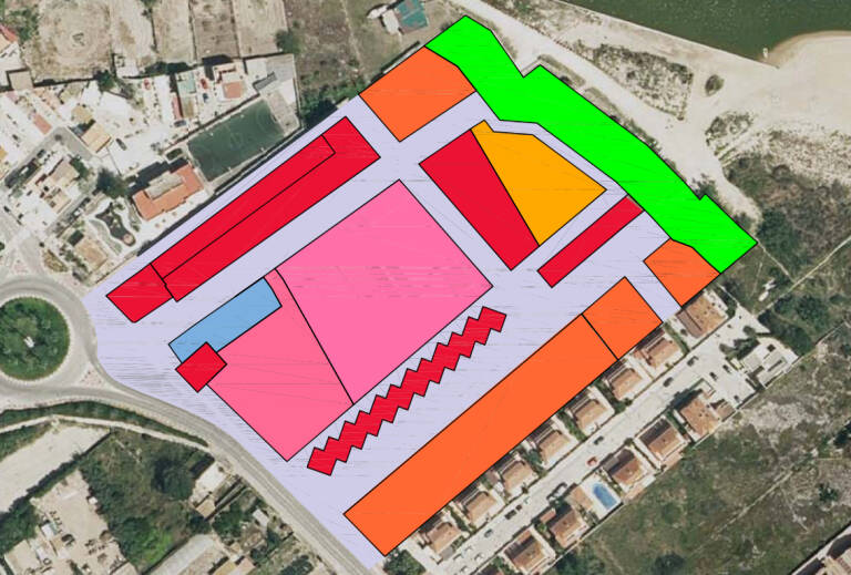 Rosa: terciario; cian: parking; verde: zonas verdes; naranja y rojo: viviendas